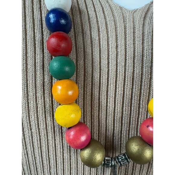 Colorful Wooden Bead Necklace With Brass Accents & Arrow Pendant On Leather Cord - Picture 4 of 16